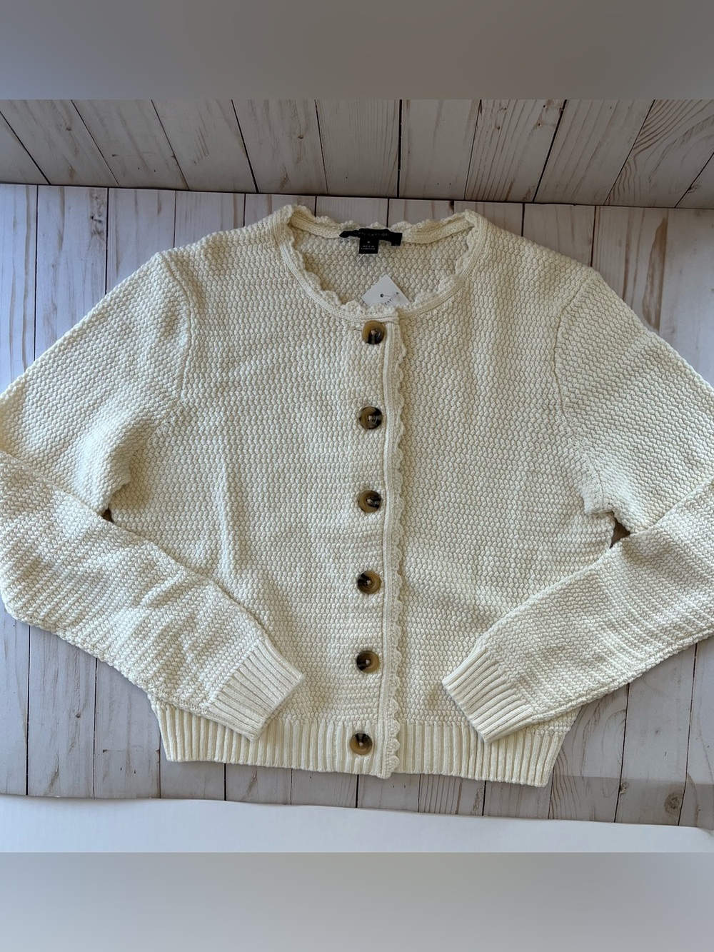 Ann Taylor Cream Scallop-Edge Button Cardigan - Picture 2 of 14
